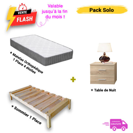 Pack Solo 3 en 1 : Matelas + Sommier + Table de Nuit